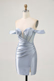 Espartilho Azul Cinzento Bodycon Sem Ombros Mini Vestido Cocktail