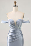 Espartilho Azul Cinzento Bodycon Sem Ombros Mini Vestido Cocktail