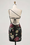 Flores Preto Bodycon Lantejoulas Um Ombro Mini Vestido Cocktail