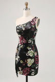 Flores Preto Bodycon Lantejoulas Um Ombro Mini Vestido Cocktail