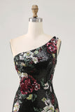 Flores Preto Bodycon Lantejoulas Um Ombro Mini Vestido Cocktail