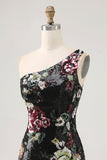 Flores Preto Bodycon Lantejoulas Um Ombro Mini Vestido Cocktail