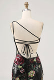 Flores Preto Bodycon Lantejoulas Um Ombro Mini Vestido Cocktail
