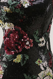 Flores Preto Bodycon Lantejoulas Um Ombro Mini Vestido Cocktail