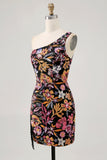 Preo Flores BodyconUm Ombro	One shoulder Mini Vestido Cocktail