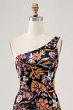 Preo Flores BodyconUm Ombro	One shoulder Mini Vestido Cocktail