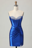 Beaded Tight Royal Blue Strapless Homecoming Dress com fenda