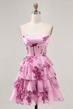Vestido Rosa Decote Em Coração Espartilho Mini Vestido Cocktail