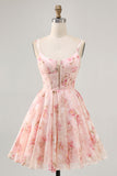 Blush Flores Linha-A Decote Redondo Espartilho Mini Vestido Cocktail