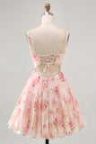 Blush Flores Linha-A Decote Redondo Espartilho Mini Vestido Cocktail