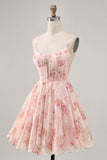Blush Flores Linha-A Decote Redondo Espartilho Mini Vestido Cocktail