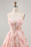 Blush Flores Linha-A Decote Redondo Espartilho Mini Vestido Cocktail
