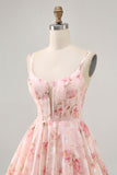 Blush Flores Linha-A Decote Redondo Espartilho Mini Vestido Cocktail