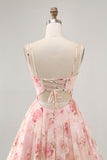 Blush Flores Linha-A Decote Redondo Espartilho Mini Vestido Cocktail