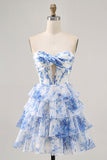 Branco Azul Flores Direto Linha-A Plissado Mini Vestido Cocktail