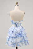 Branco Azul Flor Corset Cut out Strapless Homecoming Dress
