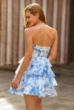 Branco Azul Flor Corset Cut out Strapless Homecoming Dress