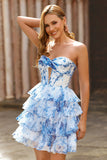 Branco Azul Flor Corset Cut out Strapless Homecoming Dress