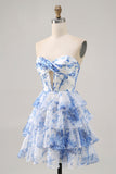 Branco Azul Flores Direto Linha-A Plissado Mini Vestido Cocktail