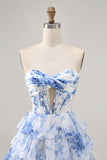 Branco Azul Flores Direto Linha-A Plissado Mini Vestido Cocktail