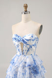 Branco Azul Flores Direto Linha-A Plissado Mini Vestido Cocktail