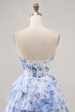 Branco Azul Flores Direto Linha-A Plissado Mini Vestido Cocktail