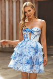 Branco Azul Flor Corset Cut out Strapless Homecoming Dress