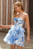 Branco Azul Flor Corset Cut out Strapless Homecoming Dress