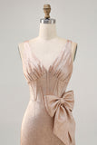 Champanhe Cetim Decote em V Vestido Cocktail com Arco