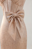Champanhe Cetim Decote em V Vestido Cocktail com Arco