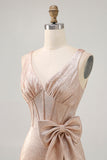 Champanhe Cetim Decote em V Vestido Cocktail com Arco
