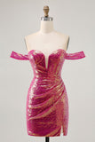 Brilhante Fuchsia Sem Ombros Bodycon Mini Vestido Cocktail