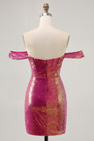 Brilhante Fuchsia Sem Ombros Bodycon Mini Vestido Cocktail
