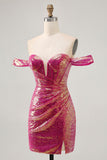 Brilhante Fuchsia Sem Ombros Bodycon Mini Vestido Cocktail