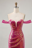 Brilhante Fuchsia Sem Ombros Bodycon Mini Vestido Cocktail