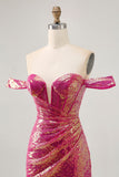 Brilhante Fuchsia Sem Ombros Bodycon Mini Vestido Cocktail