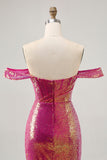 Brilhante Fuchsia Sem Ombros Bodycon Mini Vestido Cocktail