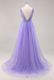 Glitter roxo uma linha longo vestido de baile com frisos
