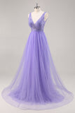 Glitter roxo uma linha longo vestido de baile com frisos