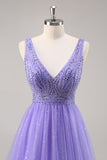 Glitter roxo uma linha longo vestido de baile com frisos