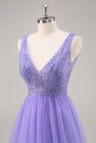 Glitter roxo uma linha longo vestido de baile com frisos