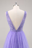 Glitter roxo uma linha longo vestido de baile com frisos