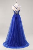 Glitter Royal Blue Beaded Uma Linha Long Prom Dress com Fenda