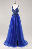 Glitter Royal Blue Beaded Uma Linha Long Prom Dress com Fenda
