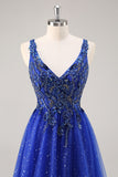 Glitter Royal Blue Beaded Uma Linha Long Prom Dress com Fenda