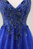 Glitter Royal Blue Beaded Uma Linha Long Prom Dress com Fenda