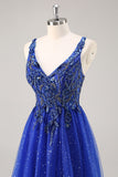 Glitter Royal Blue Beaded Uma Linha Long Prom Dress com Fenda