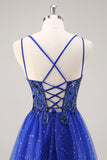 Glitter Royal Blue Beaded Uma Linha Long Prom Dress com Fenda