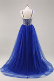 Royal Blue A Line Long Prom Dress com Missangas