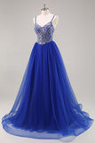 Royal Blue A Line Long Prom Dress com Missangas